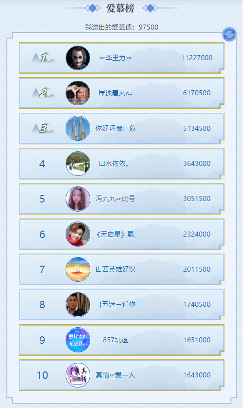 武侠争霸爱慕榜