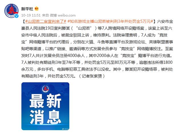 知名游戏主播山泥若被判刑3年并处罚金5万元